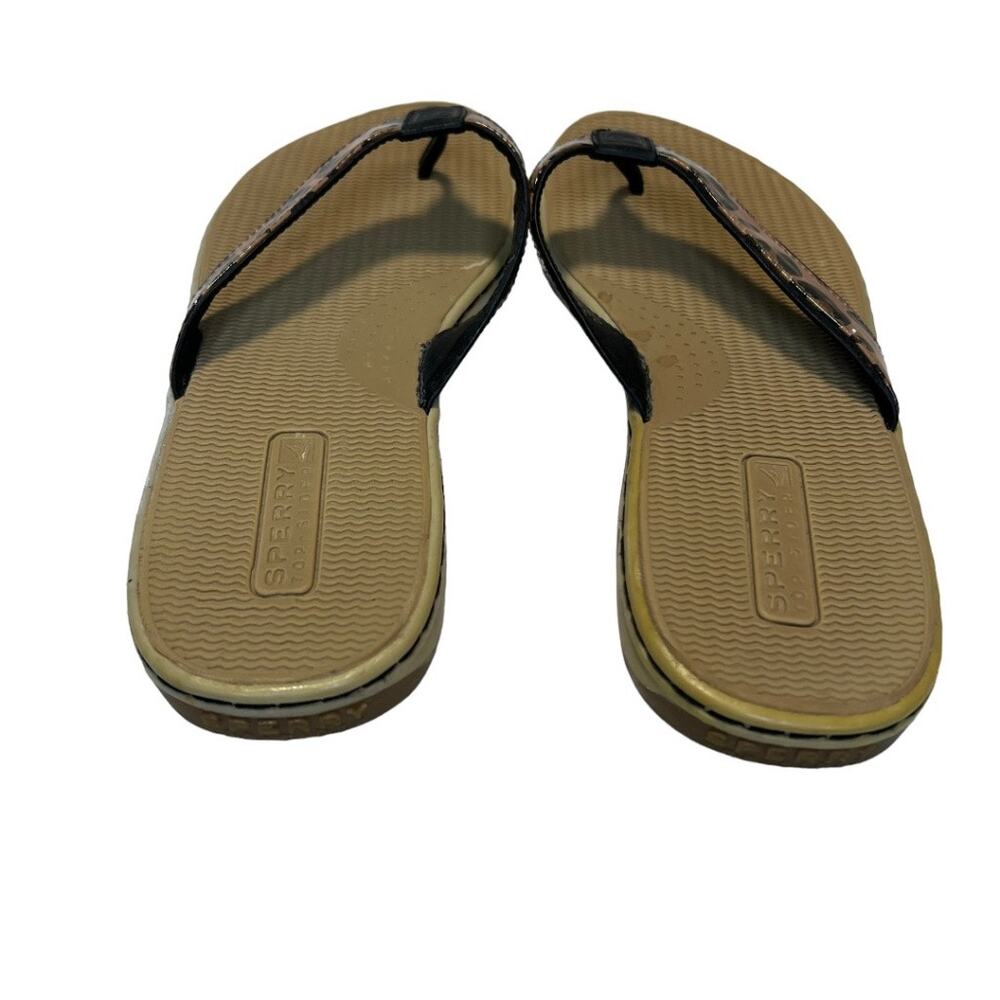 Sperry Top Sider Leather Flip Flop Sandals Tan Black Leopard Print Size 8m Comfy - Picture 9 of 15